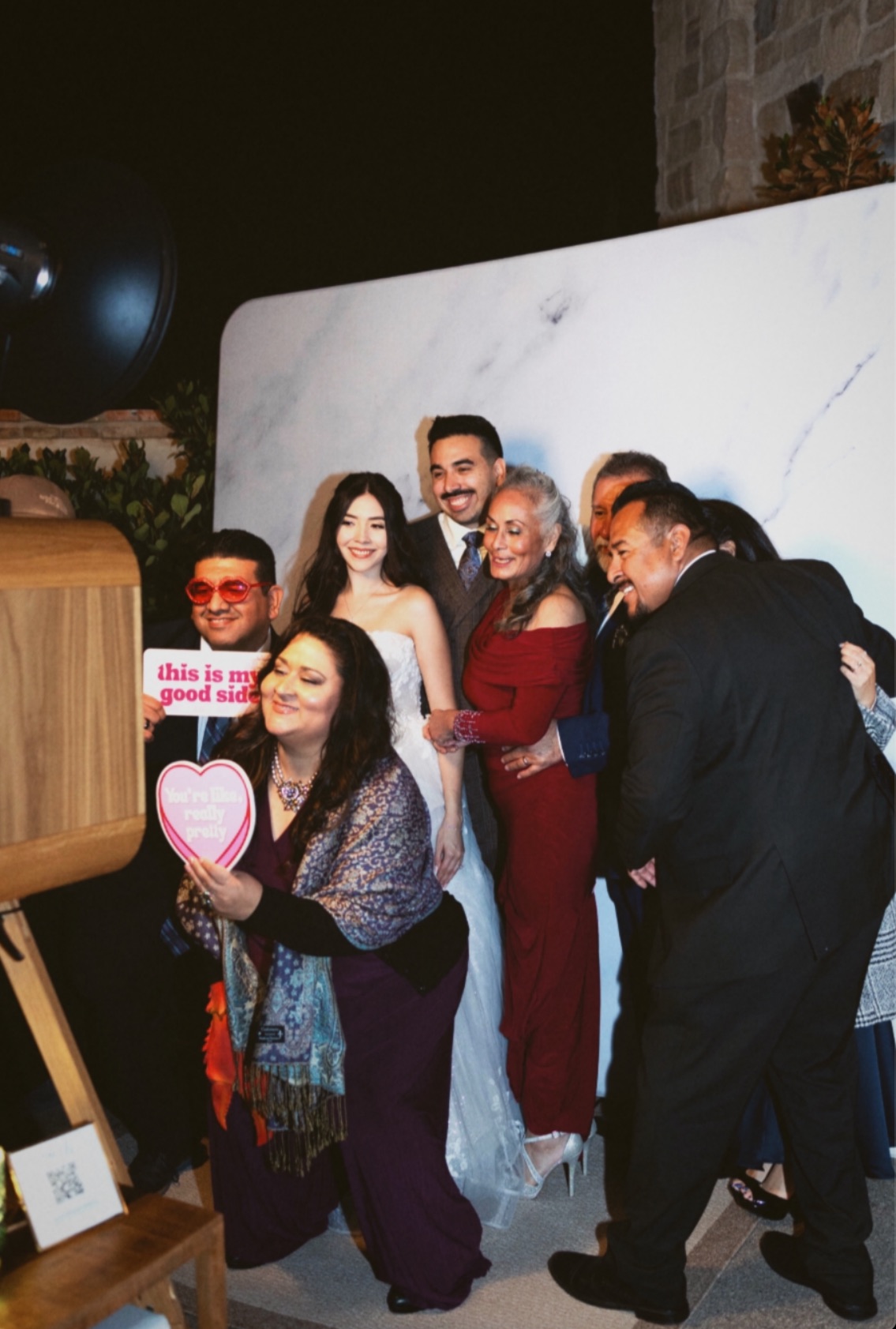 Wedding in Temecula using wooden photo booth and using marble backdrop